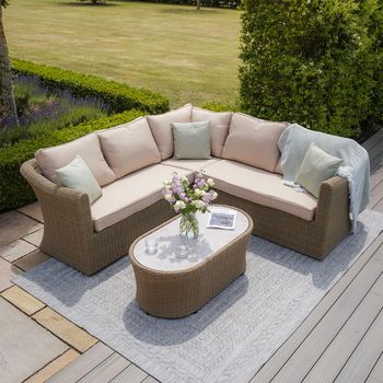 Winchester Natural Rattan Small Corner Garden Sofa Set with Ceramic Top Coffee Table
