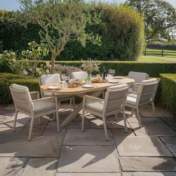Sicily Garden 6 Seater 210cm Dining Set with Teak Arms Latte Chairs