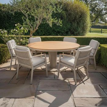 Sicily Round Garden Latte 6 Seater 160cm Dining Set with Teak Arms