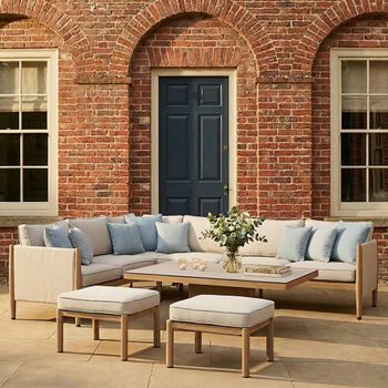 Burford Almond Large Corner Garden Sofa Set with Ceramic Top Rising Table
