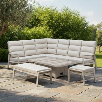 Valencia Garden Ceramic Top Rising Table Corner Dining Set with Recliner Latte Dining Chair