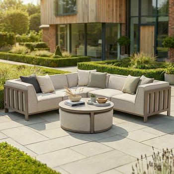 Ibiza Latte Small Corner Garden Sofa Set with Ceramic Top Coffee Table and Footstool