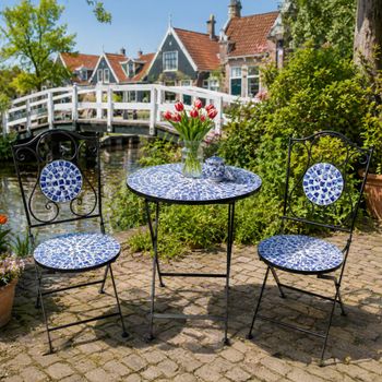 Amsterdam Mosaic Blue and Black Metal Garden Round 2 Chairs Bistro Set