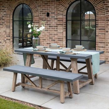 Chilford Grey Slate Acacia Wood and Poly-Stone Small Outdoor Table and Bench Set