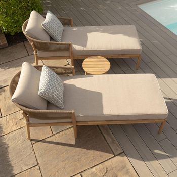 Porto Garden Double Sunlounger Set Sandstone Sunloungers Acacia Wood Brown