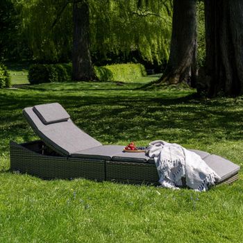 Split Grey Fabric and Rattan Garden Sun Lounger