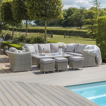 Oxford Deluxe Corner Garden Grey Rattan Ceramic Top Rising Table and Armchair Dining Set