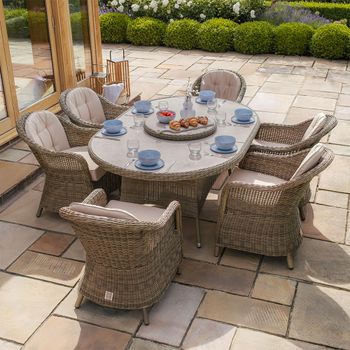 Winchester Oval Garden Natural Rattan Ceramic Top 6 Seater 180cm Lazy Susan Dining Set