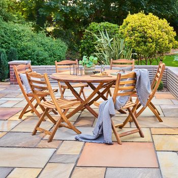 Redcliffe Garden Acacia Wood 6 Seater 140cm Folding Round Dining Set with 6 Folding Carver Chairs