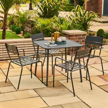 Oslo Garden Grey Metal 4 Seater 80cm 4 Stacking Dining Armchair Square Dining Set