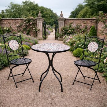 Garden with 2 Chairs Round Table Mosaic Black Metal