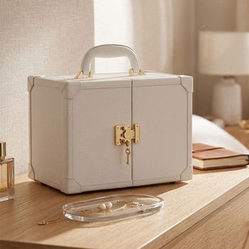 Artificial Jewellery Case White Leather and Wood with Handle Decor