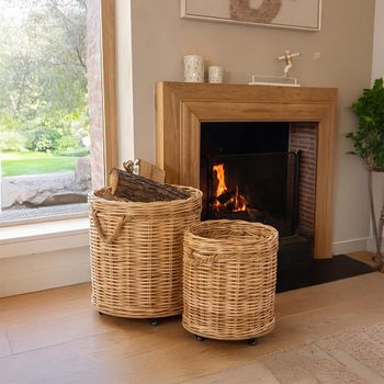 Set of 2 Flowerpot Storage Basket Round On Wheels Natural Wicker and Bamboo Wood Decor