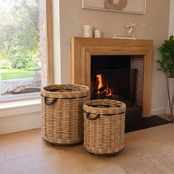 Set of 2 Flowerpot Storage Basket Round On Wheels Natural and Grey Wicker and Bamboo Wood Decor