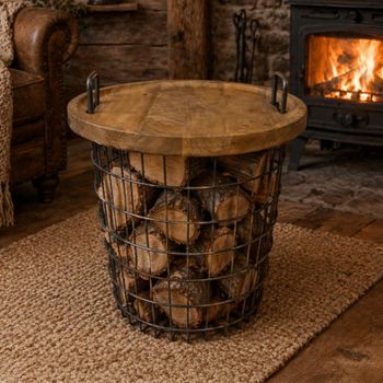Brown Wood and Metal Round Table Basket
