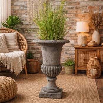 Garden Urn Tall Pedestal Plant Grey Metal Decor