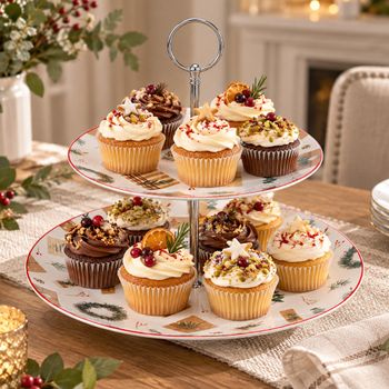 Christmas Spirit 2 Tier Cake Stand Bone China White, Green, and Yellow