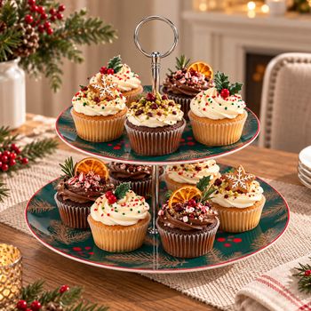 Festive Green and Beige Ceramic Fir 2 Tier Cake Stand