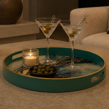 Set of 4 Marine Wonder Serving Tray Decor Glass Cyan, Blue, Gold and Aqua