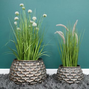 Set of 2 Gold Artificial Metal Flower Planter Stand
