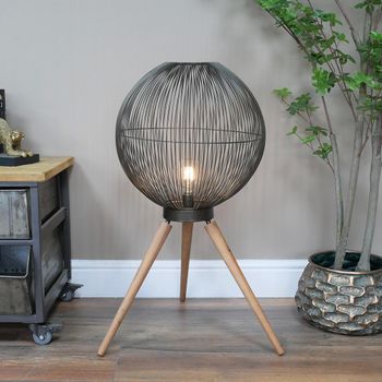 Black Cage Floor Lamp with Wooden Legs