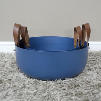 Set of 2 Blue Metal Bowls with Leather Handles