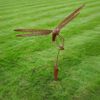 Set of 2 Bronze Metal Garden Dragonfly Statue