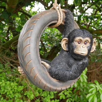Set of 2 Chimpanzee on Tyre Black Swing Resin Decor