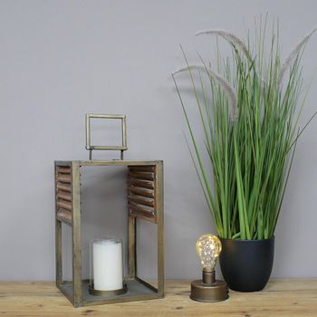 Set of 2 Fir Brown Wood and Metal Lantern