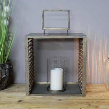 Set of 2 Brown Fir Wood and Metal Large Lantern