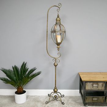 Set of 2 Gold Metal Floor Stand Hanging Lantern