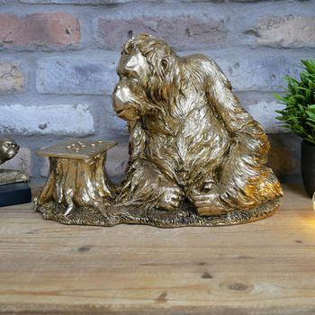 Set of 2 Gold Orangutan Playing Draughts Resin Decor