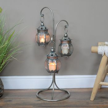 Set of 2 Grey Lanterns Metal 3 Hanging on Stand