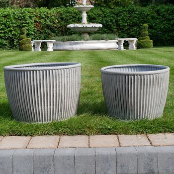 Set of 2 Ribbed Grey Metal Small Garden Tub