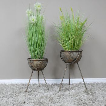 Set of 2 Artificial Flower Planters Metal Brown