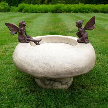 Bird Bath with Fairies Off White Metal Decor
