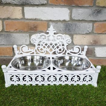 Set of 2 White Metal Dog Dish Decor