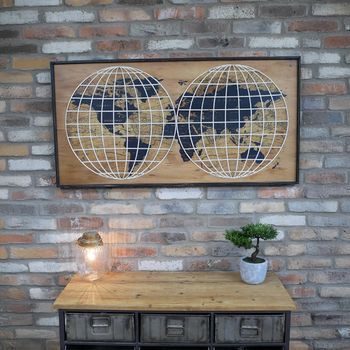 Set of 2 World Map Brown Wall Deco Decor