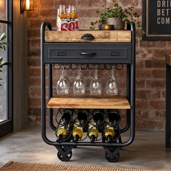 Black Metal Wine 1 Drawer Trolley