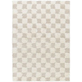 Urban Shaggy Modern Plush Pile Beige Checkered Rug - Sizes Available