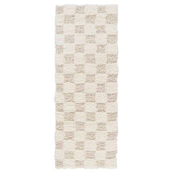 Urban Shaggy Modern Plush Pile Beige Checkered Runner - 80cm x 220cm