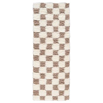 Urban Shaggy Modern Plush Pile Cream and Brown Checkered Runner - 80cm x 220cm