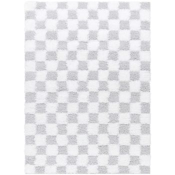 Urban Shaggy Modern Plush Pile Light Grey Checkered Rug - Sizes Available