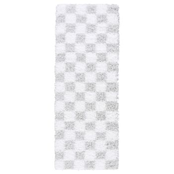 Urban Shaggy Modern Plush Pile Light Grey Checkered Runner - 80cm x 220cm