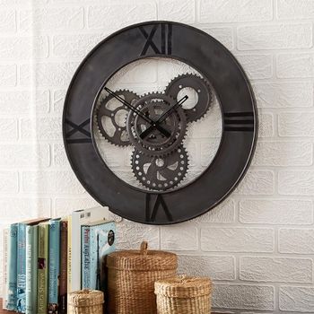Factory Wall Round Clock Industrial Black Metal