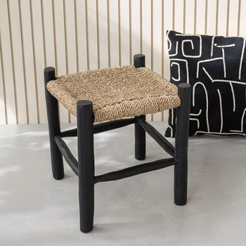 Set of 2 Natural and Black Seagrass and Teak Wood Square Stool