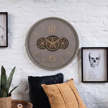 Hollow Gears Grey and Gold Wood Wall Round Clock
