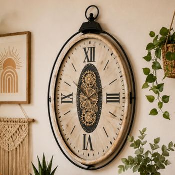 Wall Oval Clock with Cogs White Distressed Wood and Metal