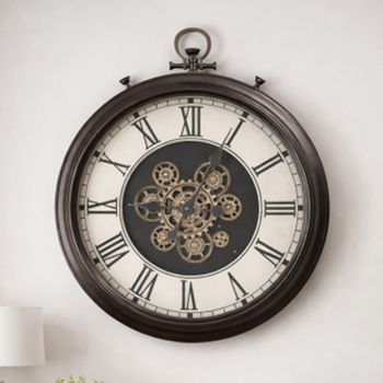 Wall Round Clock with Cogs Antique Bronze Metal