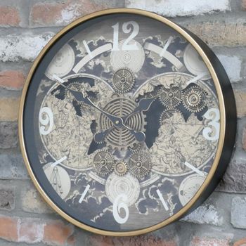 Wall Round Clock with Cogs Gold and Black Metal